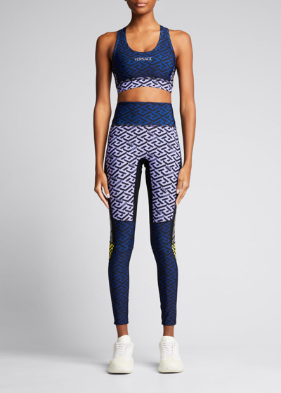 Versace Greca-print Colour-block Sports Bra In Lilac+blue