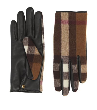 Shop Burberry Wool And Leather House Check Gloves In Brown