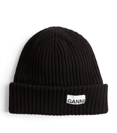 Shop Ganni Wool-blend Logo Beanie In Black