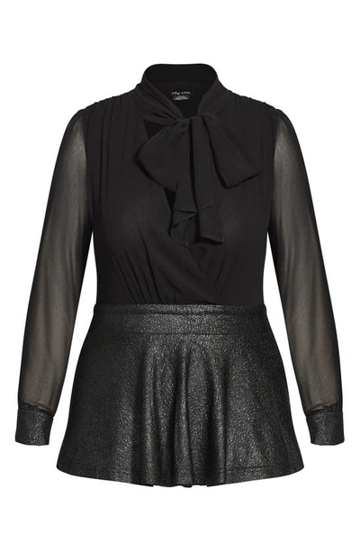 City Chic Night Sky Tie Neck Sequin Peplum Blouse In Black