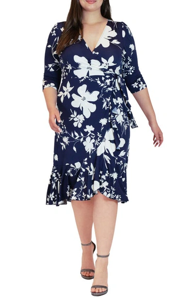 Shop Kiyonna Flirty Flounce Wrap Dress In Navy Floral Print