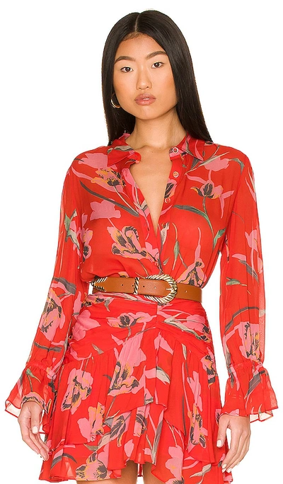 Shop Milly Lacey Floating Botanica Blouse In Red