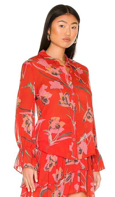 Shop Milly Lacey Floating Botanica Blouse In Red