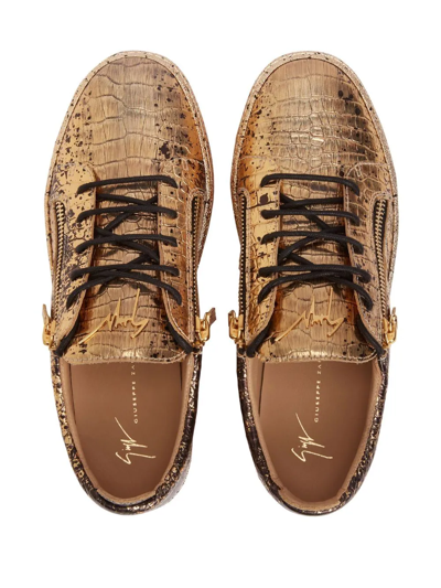 Shop Giuseppe Zanotti Frankie Crocodile-effect Leather Sneakers In Gold