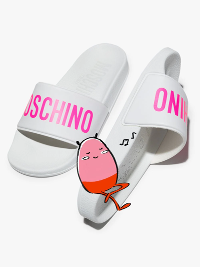 Shop Moschino Logo-print Flat Slides In White