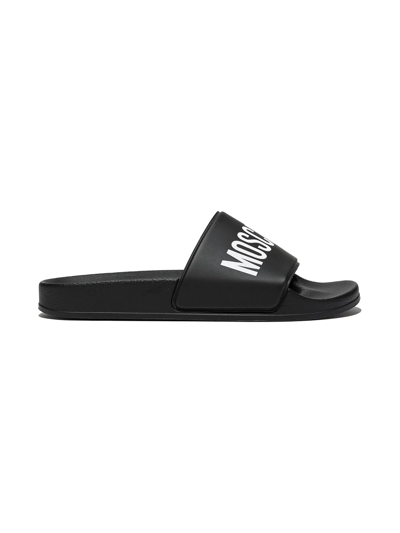 Shop Moschino Logo-print Flat Slides In Black