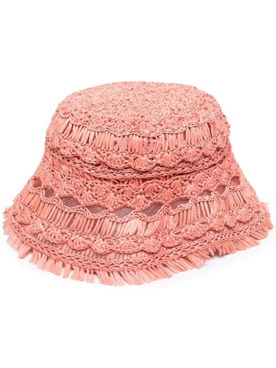 Shop Zimmermann Crochet Raffia Bucket Hat In Pink