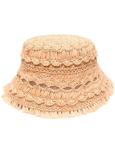 Shop Zimmermann Crochet Raffia Bucket Hat In Neutrals