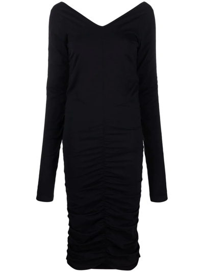 Shop Helmut Lang Ruched Midi Dress In Black