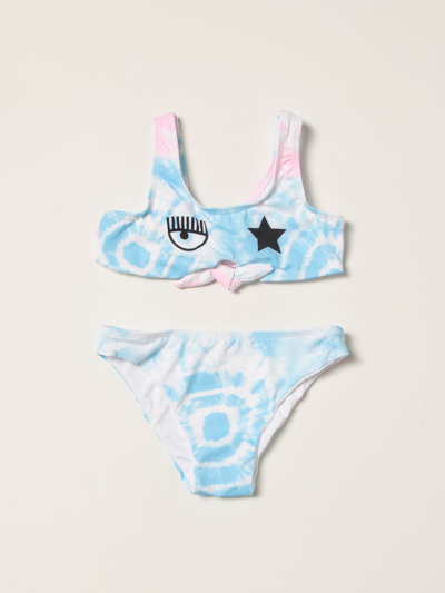 Shop Chiara Ferragni Bikini Set In Tie Dye Fabric In Sky Blue