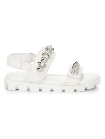 Shop Christian Louboutin Spikita Cool Flat Leather Sport Sandals In Bianco