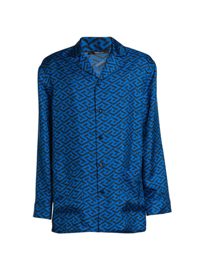 Shop Versace Men's Silk Monogram Pajama Shirt In Sapphire Black