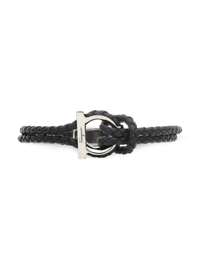 Shop Ferragamo Men's G Frame Bracelet In Pelle Black