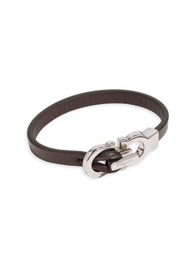 Shop Ferragamo Men's Gancini Leather Bracelet In Bark Brown