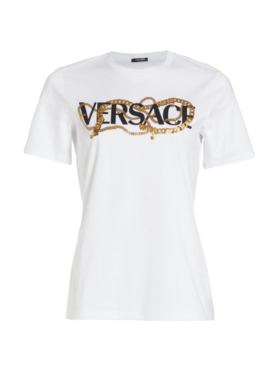 Shop Versace Women's Chain Logo T-shirt In White Multicolor