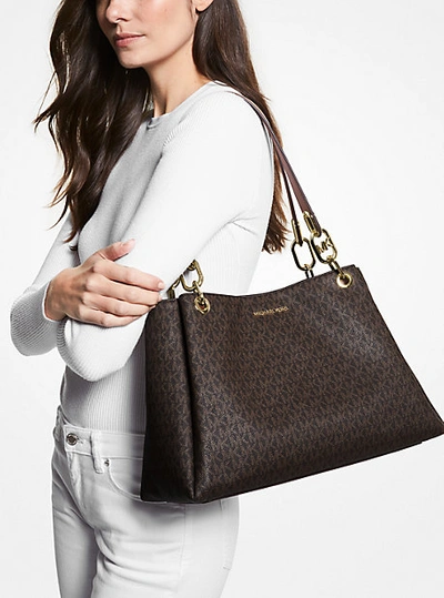 Shop Michael Kors Trisha Large Logo Shoulder Bag In Brown