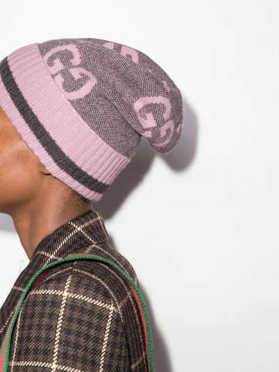 Gucci Grey And Pink Gg Cashmere Beanie Hat In Rosa