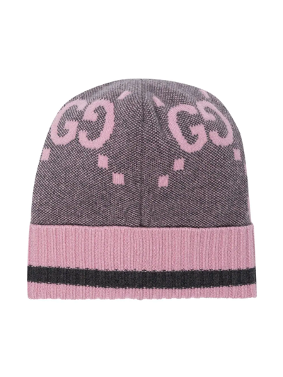 Gucci Grey And Pink Gg Cashmere Beanie Hat In Rosa