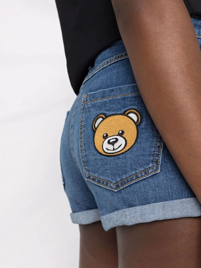 Moschino Short With Teddy Embroideredcotton Denim Short With Teddy Embroidered In Blau