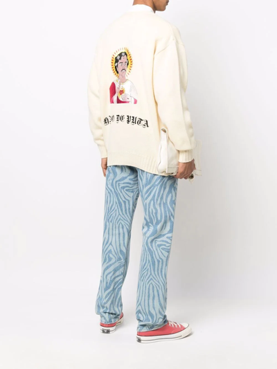 Shop Wacko Maria Embroidered-denim Knit Cardigan In Weiss