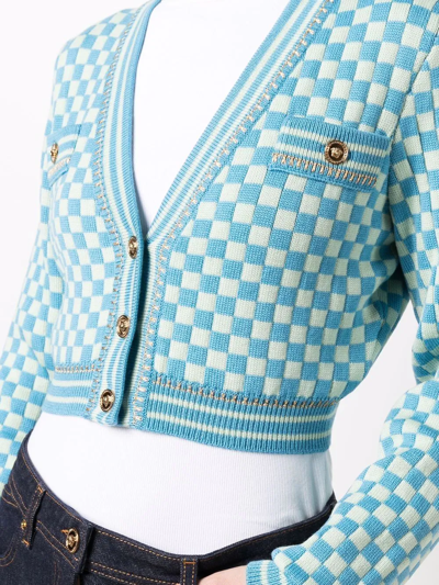 Shop Versace Cropped Check Cardigan In Blau