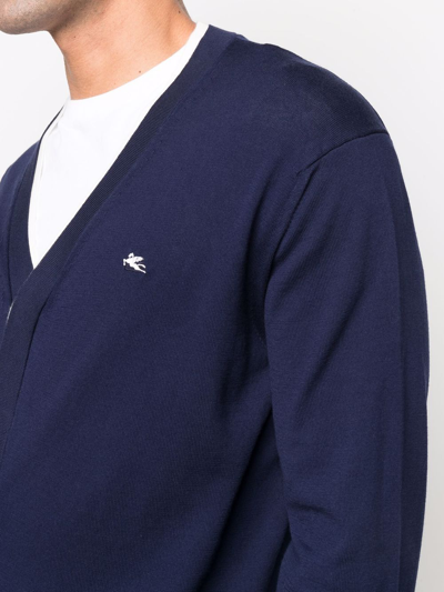 Shop Etro Logo-embroidered V-neck Cardigan In Blau