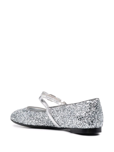 Ferragamo Bow-detail Glitter Ballerina Shoes In Silber