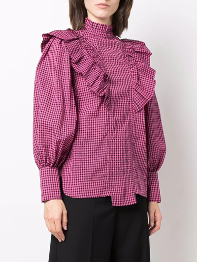 Shop Ganni Check-pattern Long-sleeve Blouse In Rosa
