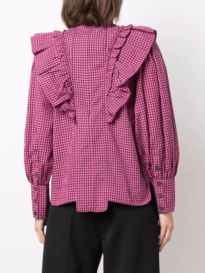 Shop Ganni Check-pattern Long-sleeve Blouse In Rosa