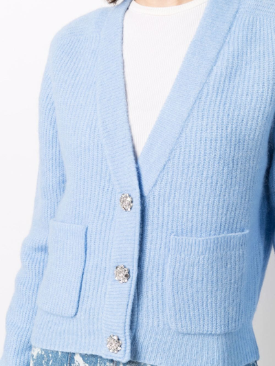 Shop Ganni Ribbed-knit Button-fastening Cardigan In Blau
