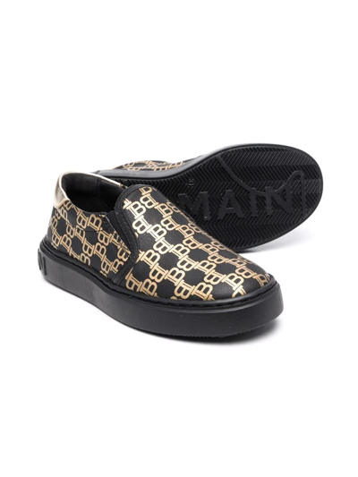 Balmain Teen Monogram-print Slip-on Sneakers In Black