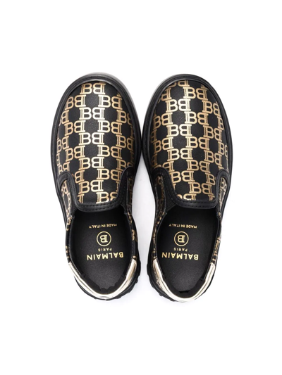 Balmain Teen Monogram-print Slip-on Sneakers In Black