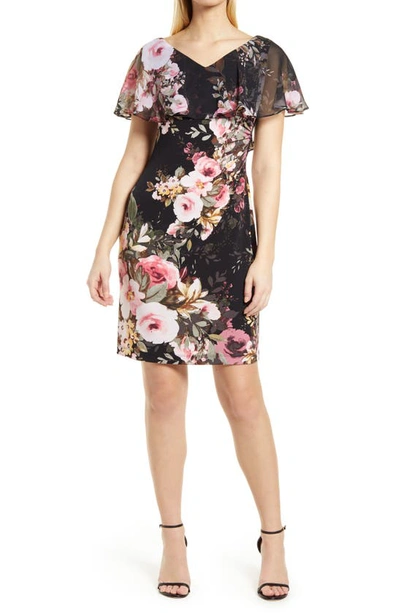 Connected Apparel Floral Print Knit Cape Dress In Black