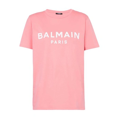 Shop Balmain Cotton T-shirt With Logo Print In Rose Saumon Blanc