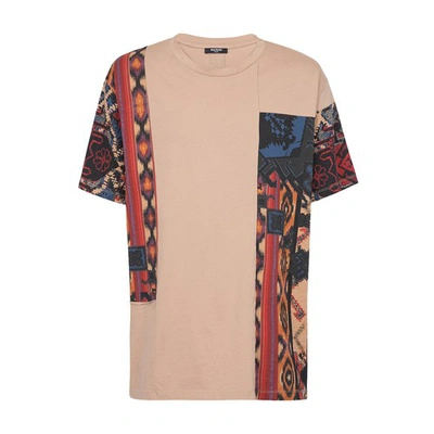 Shop Balmain Oversized Cotton T-shirt With Patchwork Print In Beige Multicolore