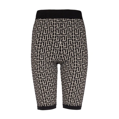 Shop Balmain Bicolor Knit Cycling Shorts With Monogram In Ivoire Noir