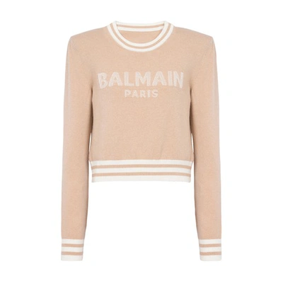 Shop Balmain Cropped Wool Sweatshirt With  Logo In Sable_naturel