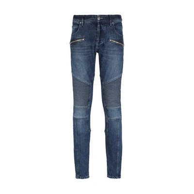 Shop Balmain Slim Cut Ridged Raw Cotton Jeans In Bleu Jean Brut