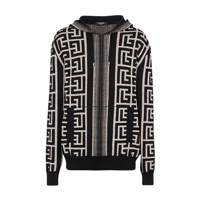 Balmain Hooded Wool Blend Sweater With All-over Monogram In Ivoire Noir