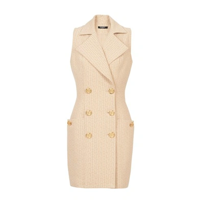 Shop Balmain Short And Monogram Jacquard Dress In Nude Clair Blanc