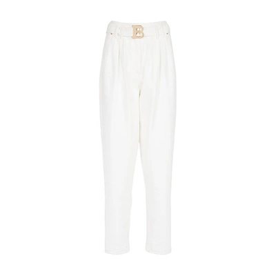 Shop Balmain Boyfriend Cut Jeans With Buckle Monogram Print In Blanc