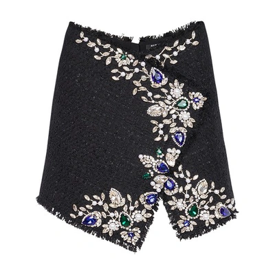Shop Balmain Short Cotton Skirt With Jewel Embroidery In Noir Multico