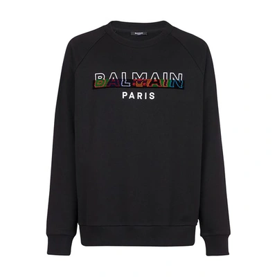 Shop Balmain Cotton Sweatshirt With Logo Print In Noir Multico