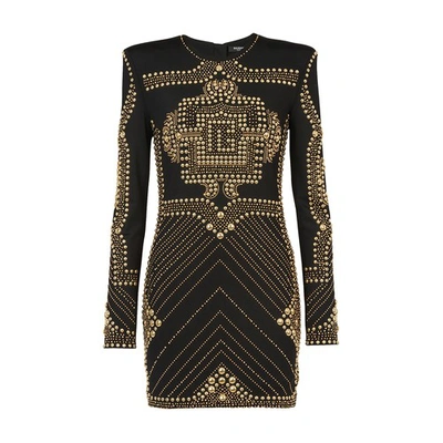 Shop Balmain Short Dress With Embroide Studs In Noir Or