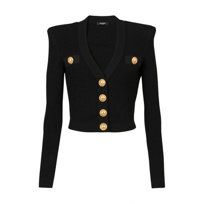 Shop Balmain Cropped Knit Cardigan With In Noir