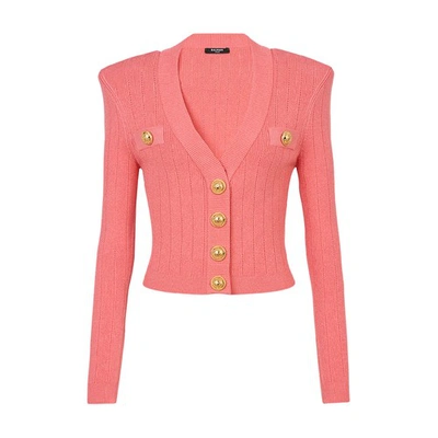 Shop Balmain Cropped Knit Cardigan With In Rose Saumon