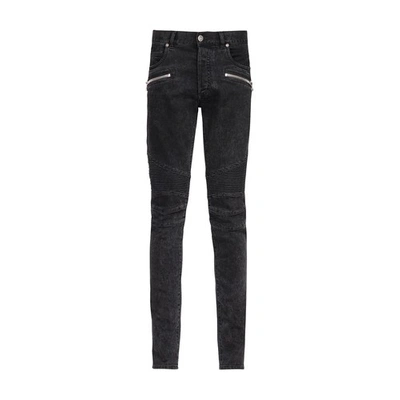 Shop Balmain Slim Cut Ribbed Faded Cotton Jeans In Noir D Lav