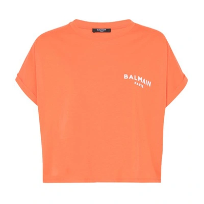 Shop Balmain Cropped Cotton T-shirt With Small Flocked Logo In Orange Fonc Blanc
