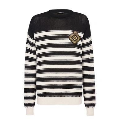 Shop Balmain Knit Sweater With Badge In Noir Naturel