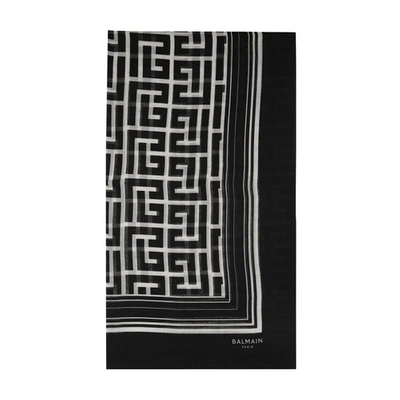 Shop Balmain Silk Scarf With Monogram In Ivoire Noir